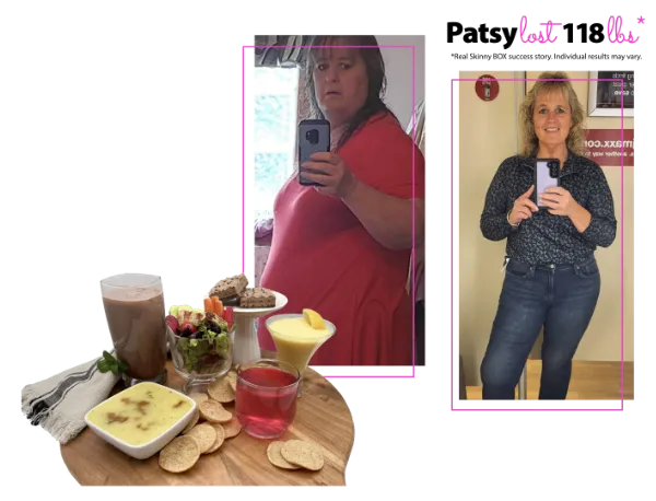 SkinnyBox Hero Header Cropped Picture of a sampling of SkinnyBox food and a before and after picture of Patsy who lost 100+ pounds