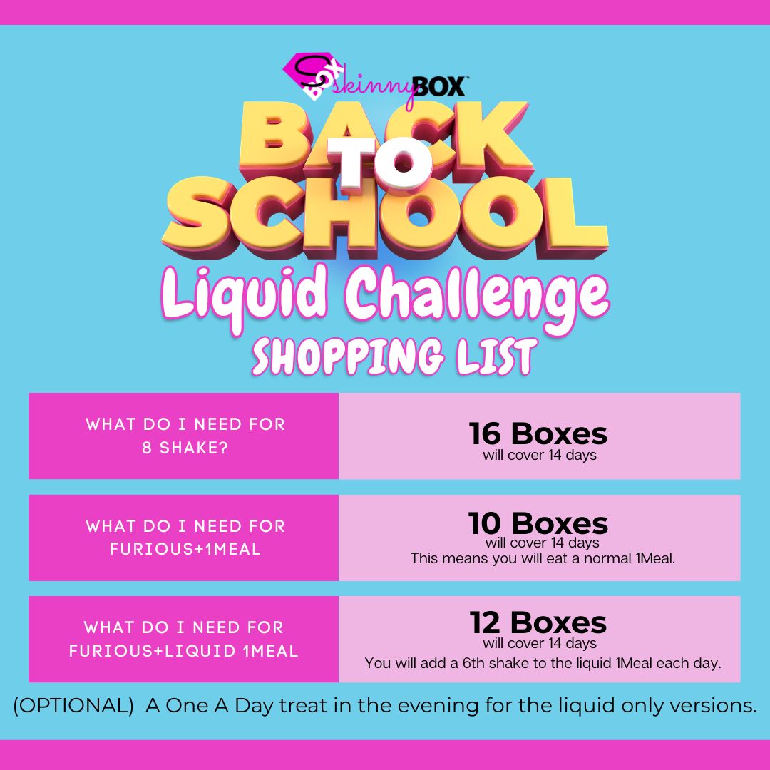 SkinnyBox 2025 Back to School Liquid Challenge Shopping List Graphic