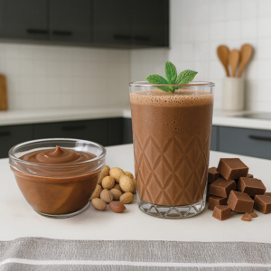 Picture of delicious peanut butter chocolate shake in a glass on a counter - SkinnyBox - Peanut Butter Chocolate Shake - SBRBMS11 - Product Image
